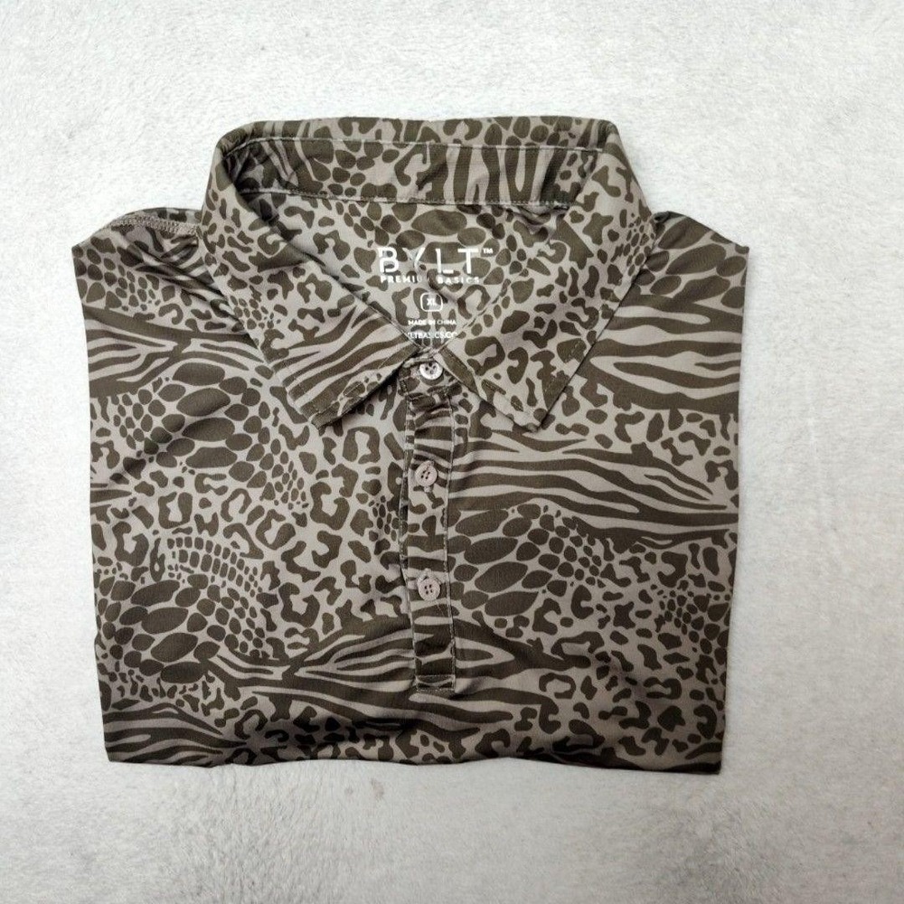 BYLT Polo Shirt Mens XL Brown Animal Print Golf Performance Collared Stretch